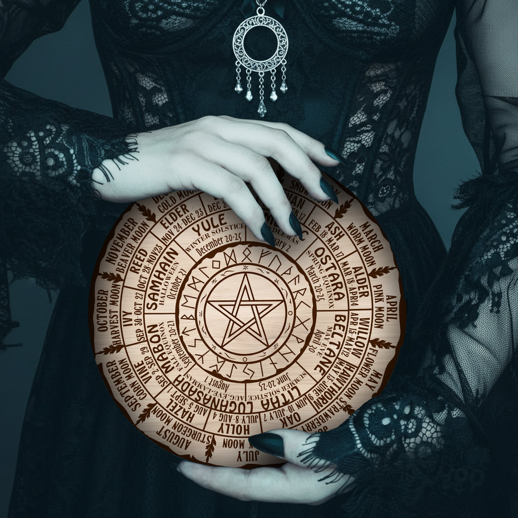 Pentagram Engraved Wheel of the Year Wooden Wiccan Art