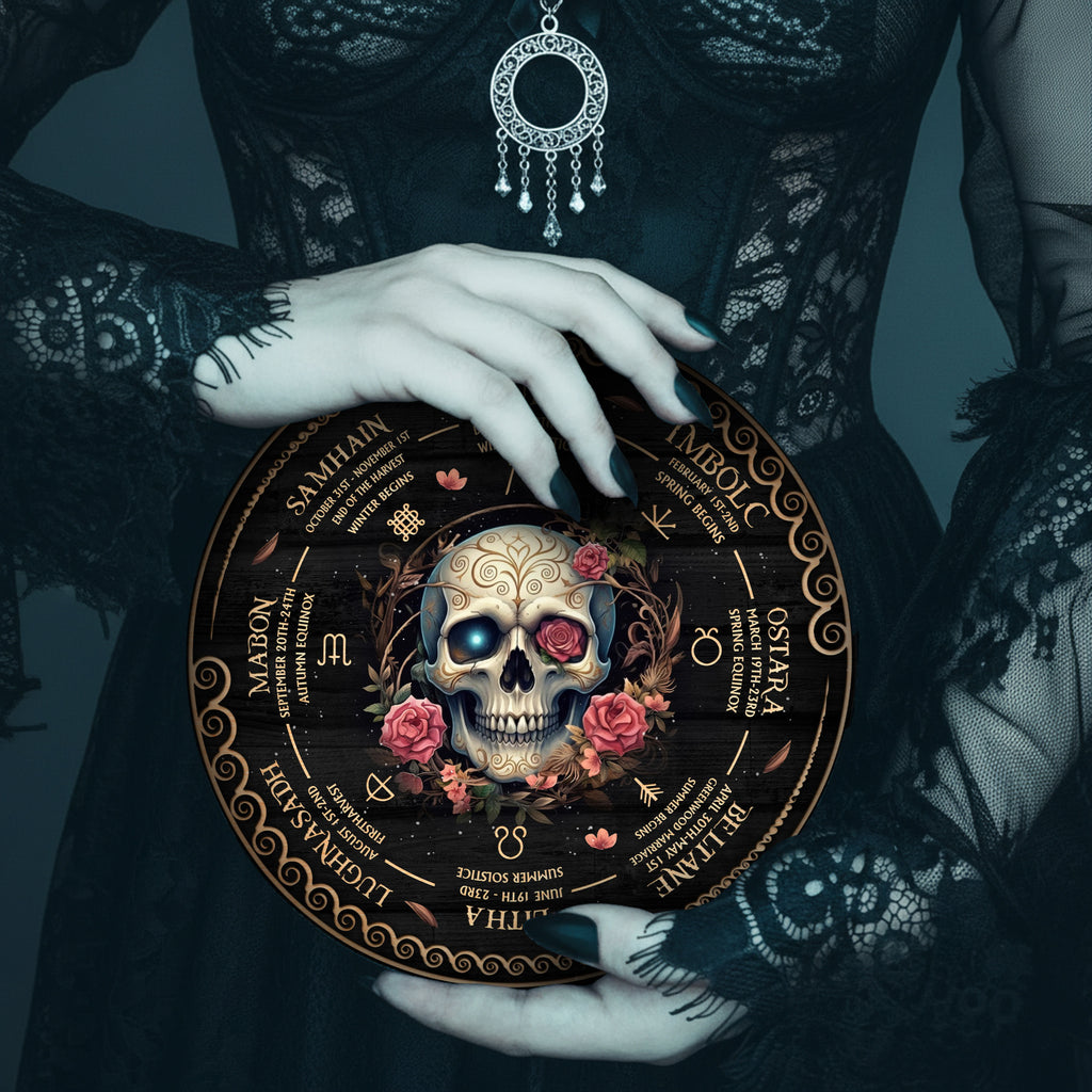 Floral Skull Wheel of the Year Wooden Gothic Wall Art