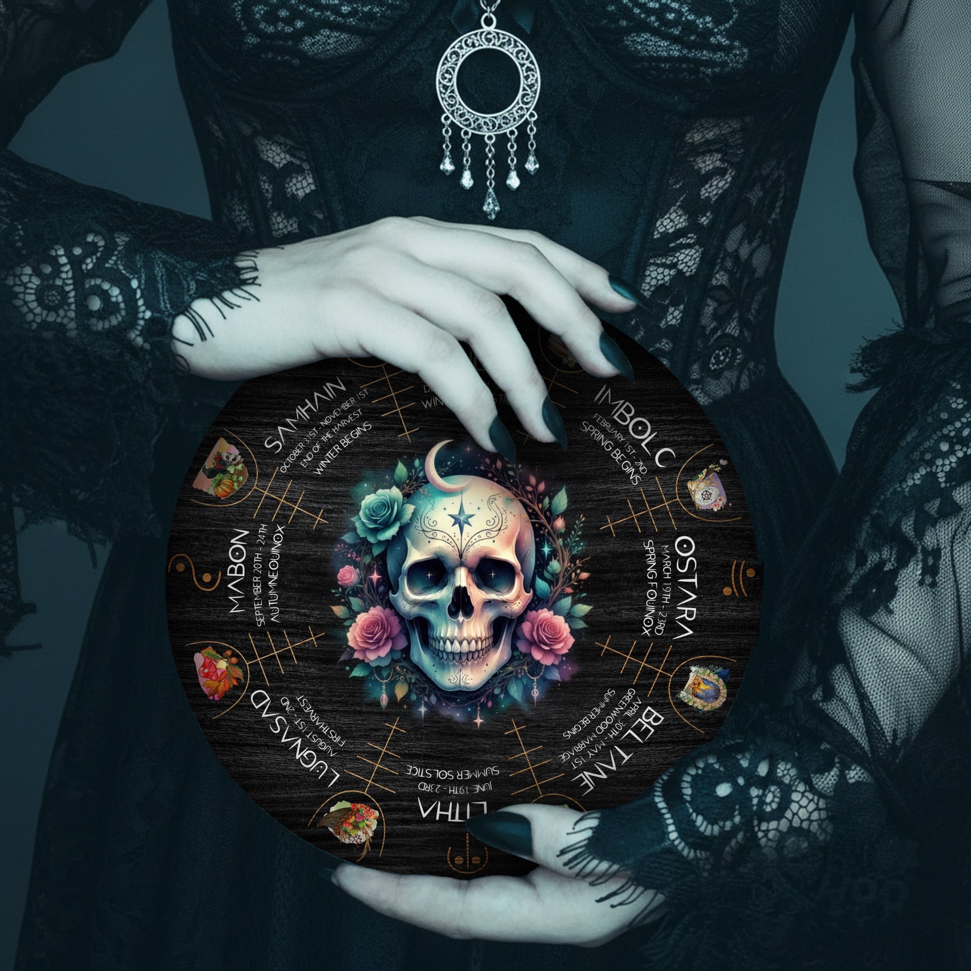 Floral Skull Wheel of the Year Wooden Gothic Wall Art