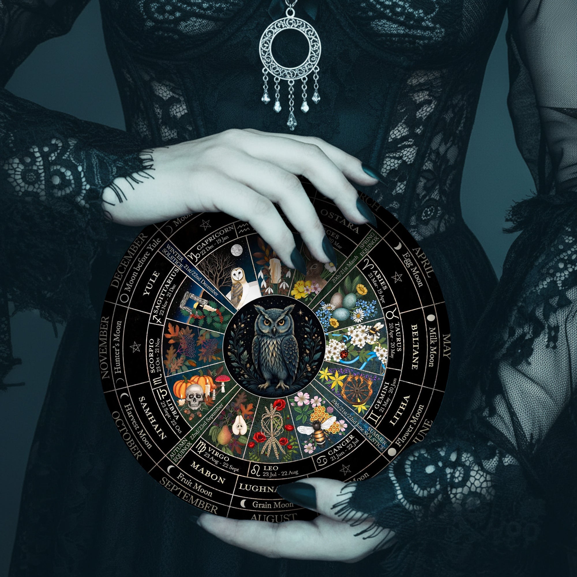 Owl Seasonal Wheel of the Year Wooden Pagan Wall Art