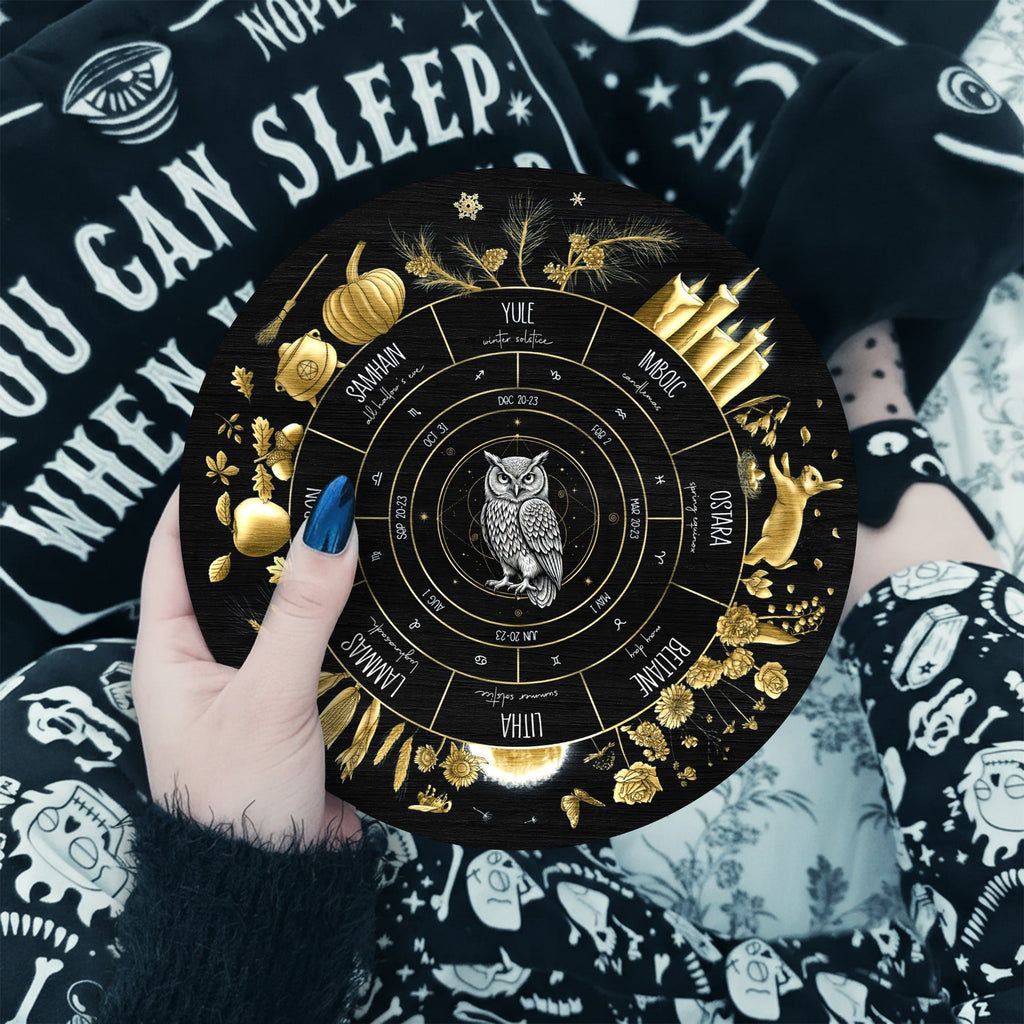 Black Gold Owl Wheel of the Year Wooden Pagan Wall Art