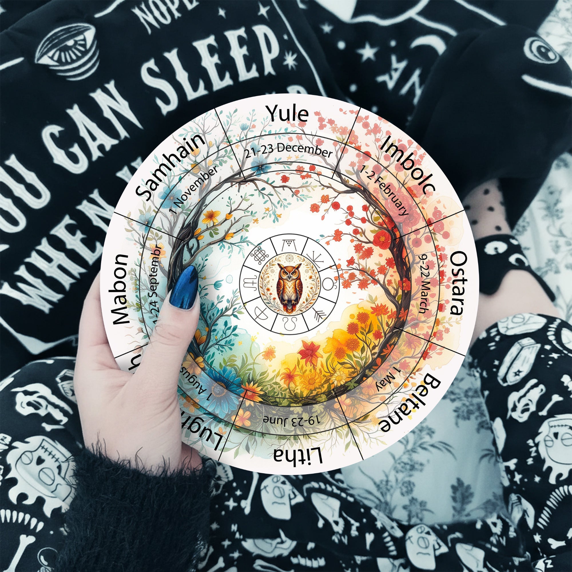 Colorful Owl Wheel of the Year Wooden Spiritual Decor