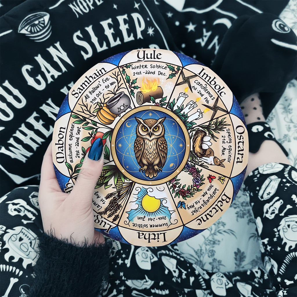 Owl Herbal Wheel of the Year Wooden Pagan Wall Decor