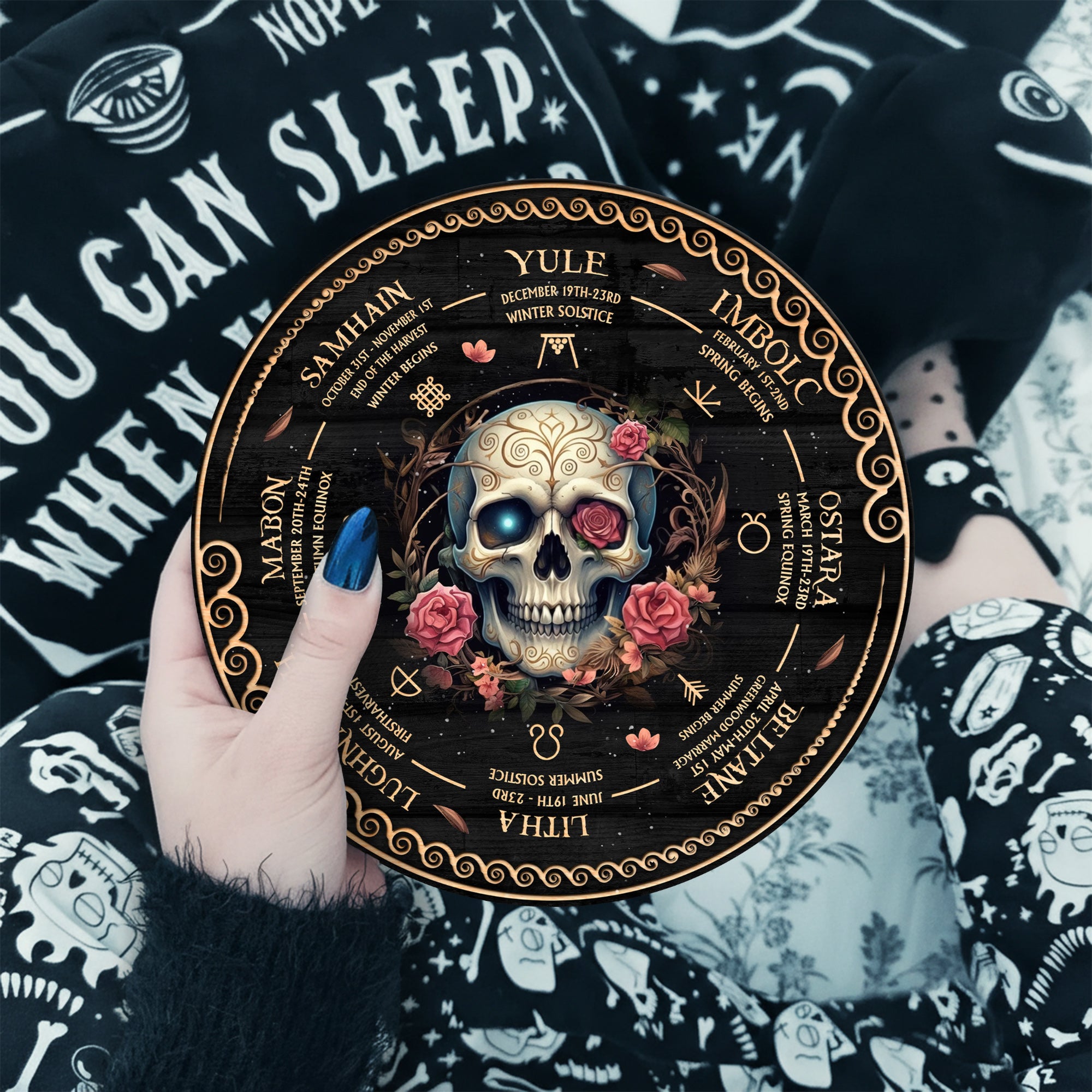 Floral Skull Wheel of the Year Wooden Gothic Wall Art