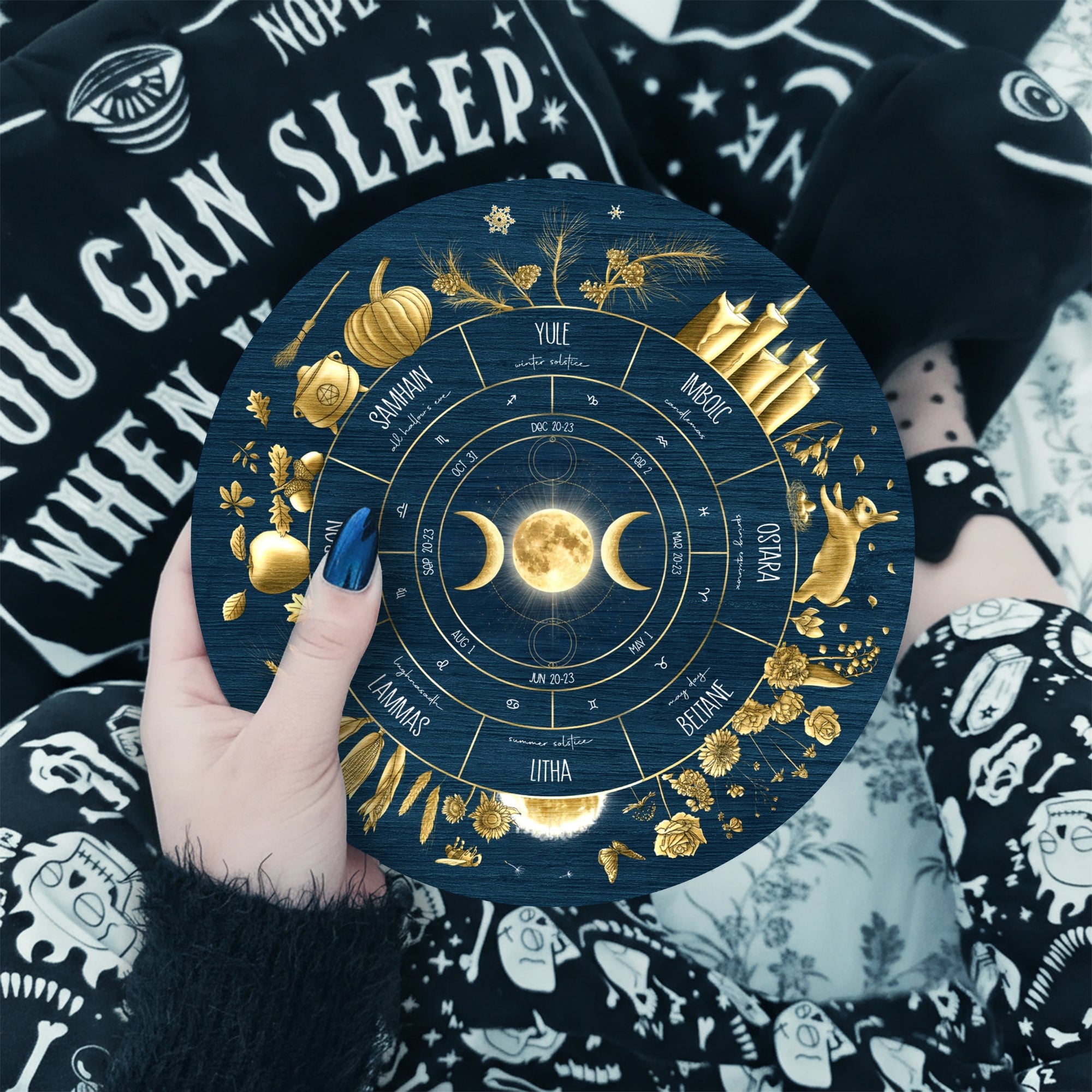 Blue Gold Wheel of the Year Wooden Moon Pagan Wall Art