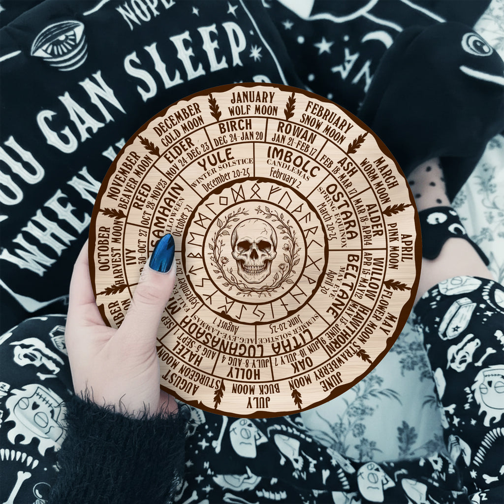 Skull Engraved Wheel of the Year Wooden Gothic Decor
