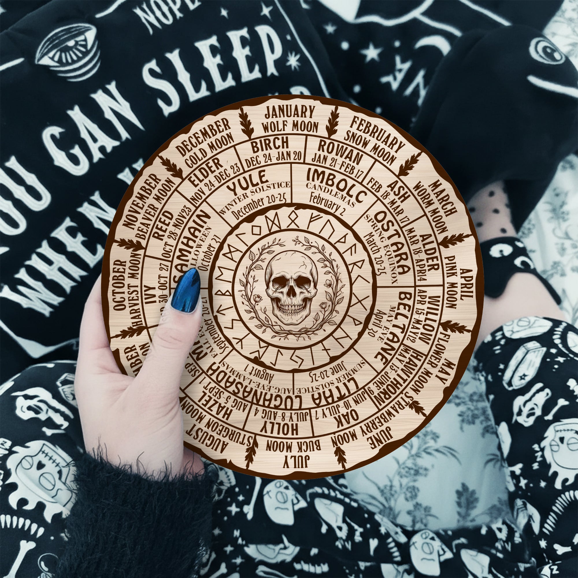 Skull Engraved Wheel of the Year Wooden Gothic Decor