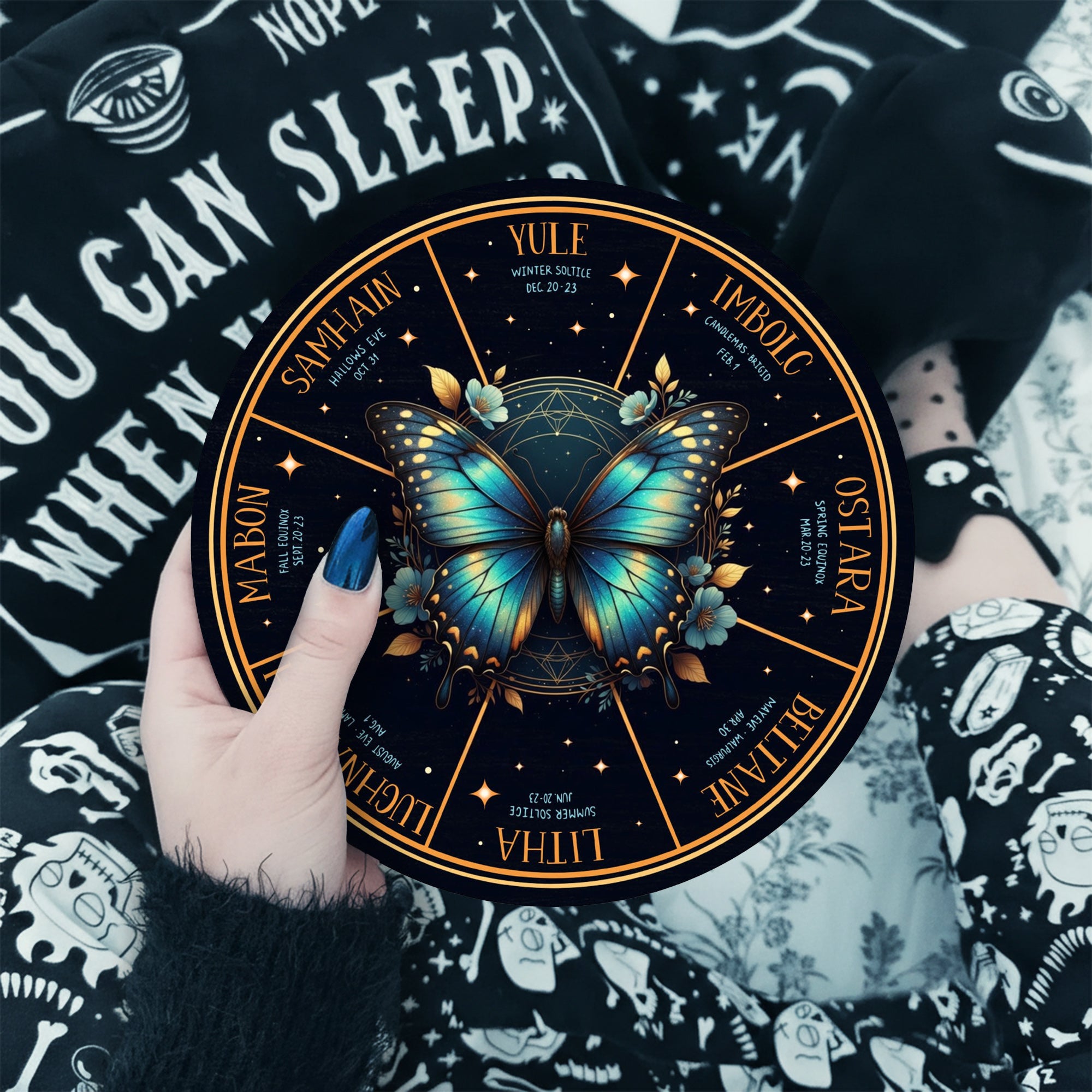 Blue Butterfly Wheel of the Year Wooden Pagan Wall Decor