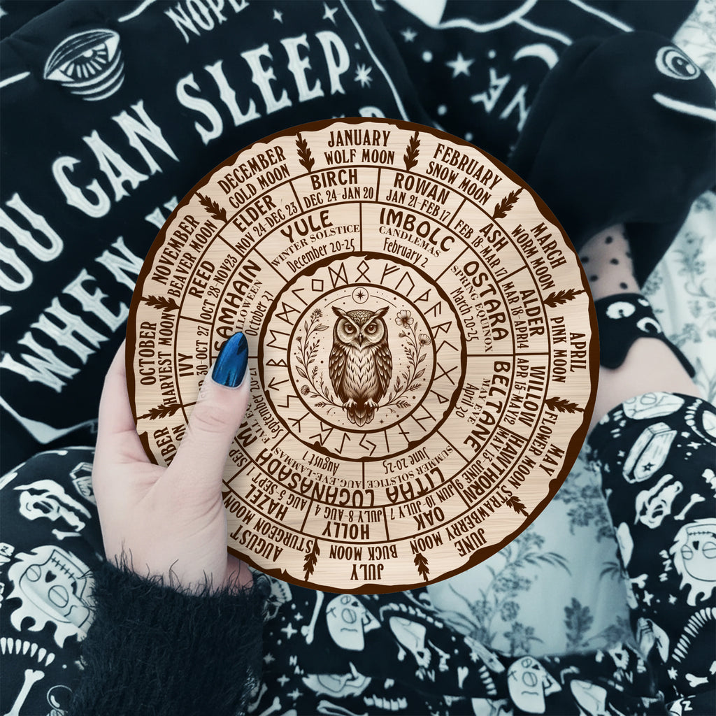 Owl Engraved Wheel of the Year Wooden Pagan Decor