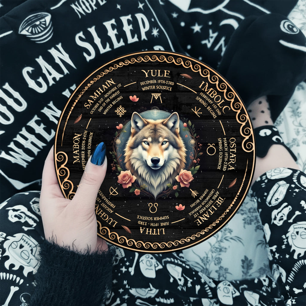 Wolf Floral Wheel of the Year Wooden Pagan Wall Art