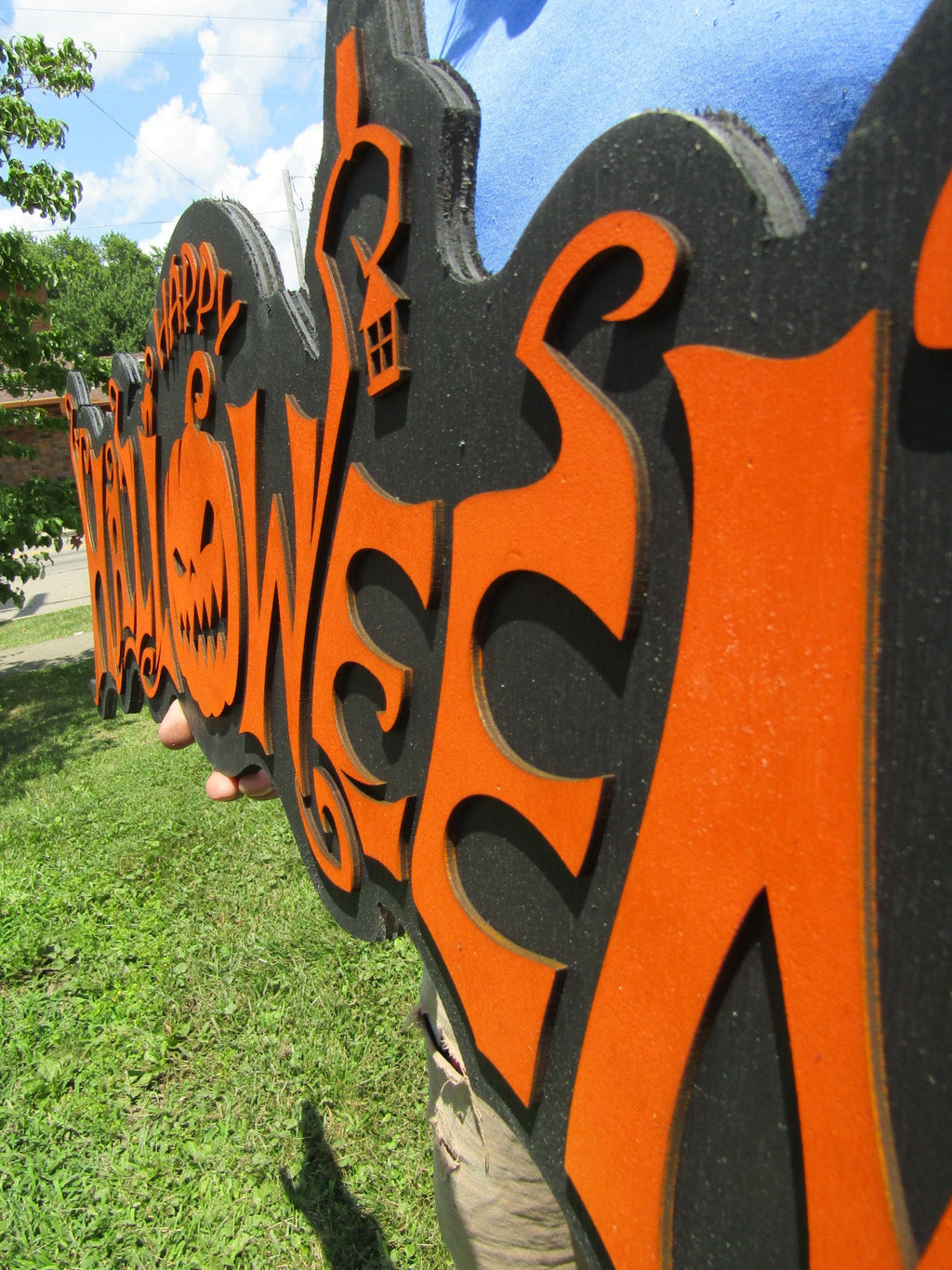 Halloween Jack O Lantern Spooky Forest Black Cat Prop Wooden Decor Fall Autumn Decoration Sign Orange And Black Haunted Grave Yard Theme