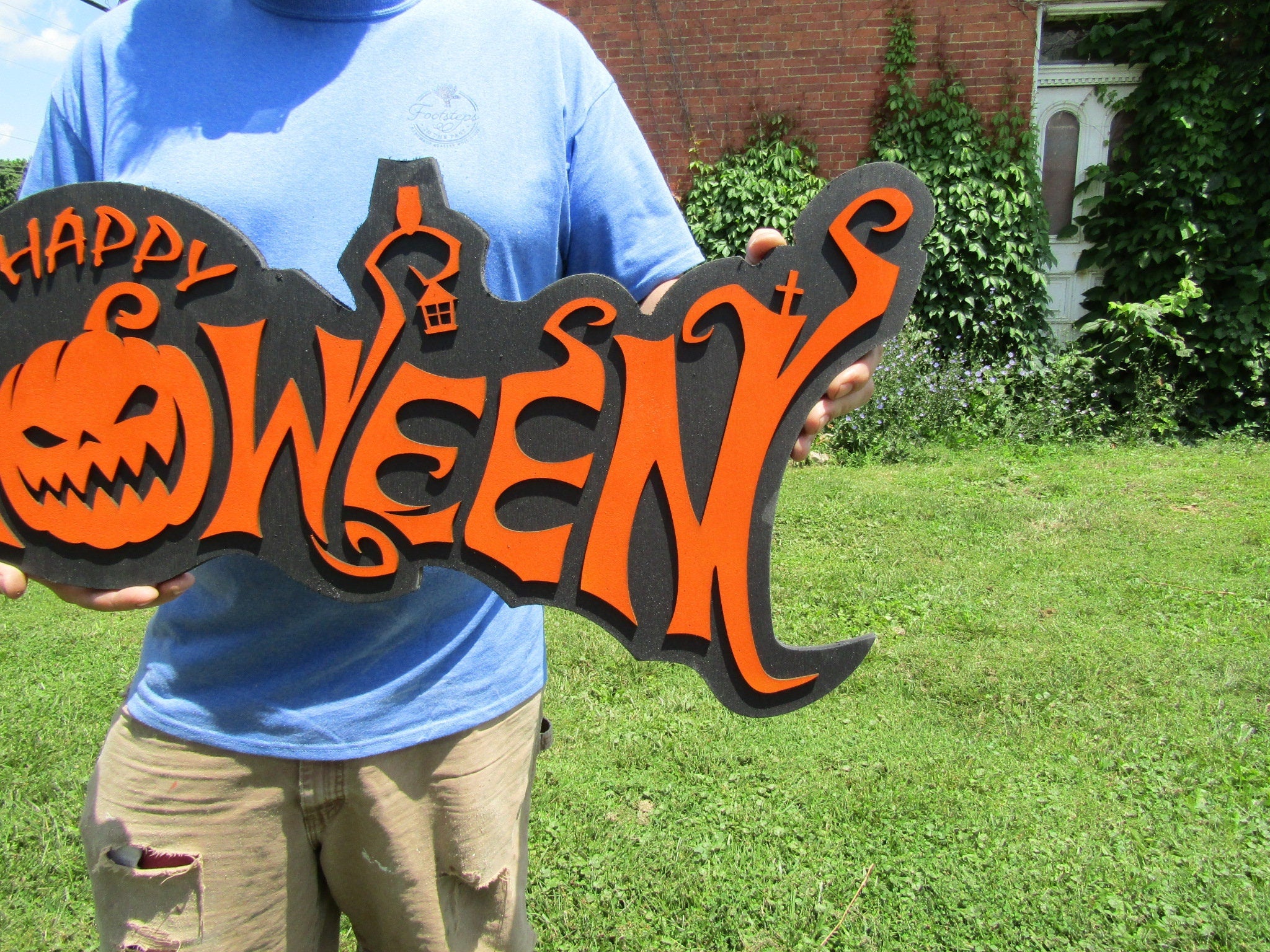 Halloween Jack O Lantern Spooky Forest Black Cat Prop Wooden Decor Fall Autumn Decoration Sign Orange And Black Haunted Grave Yard Theme