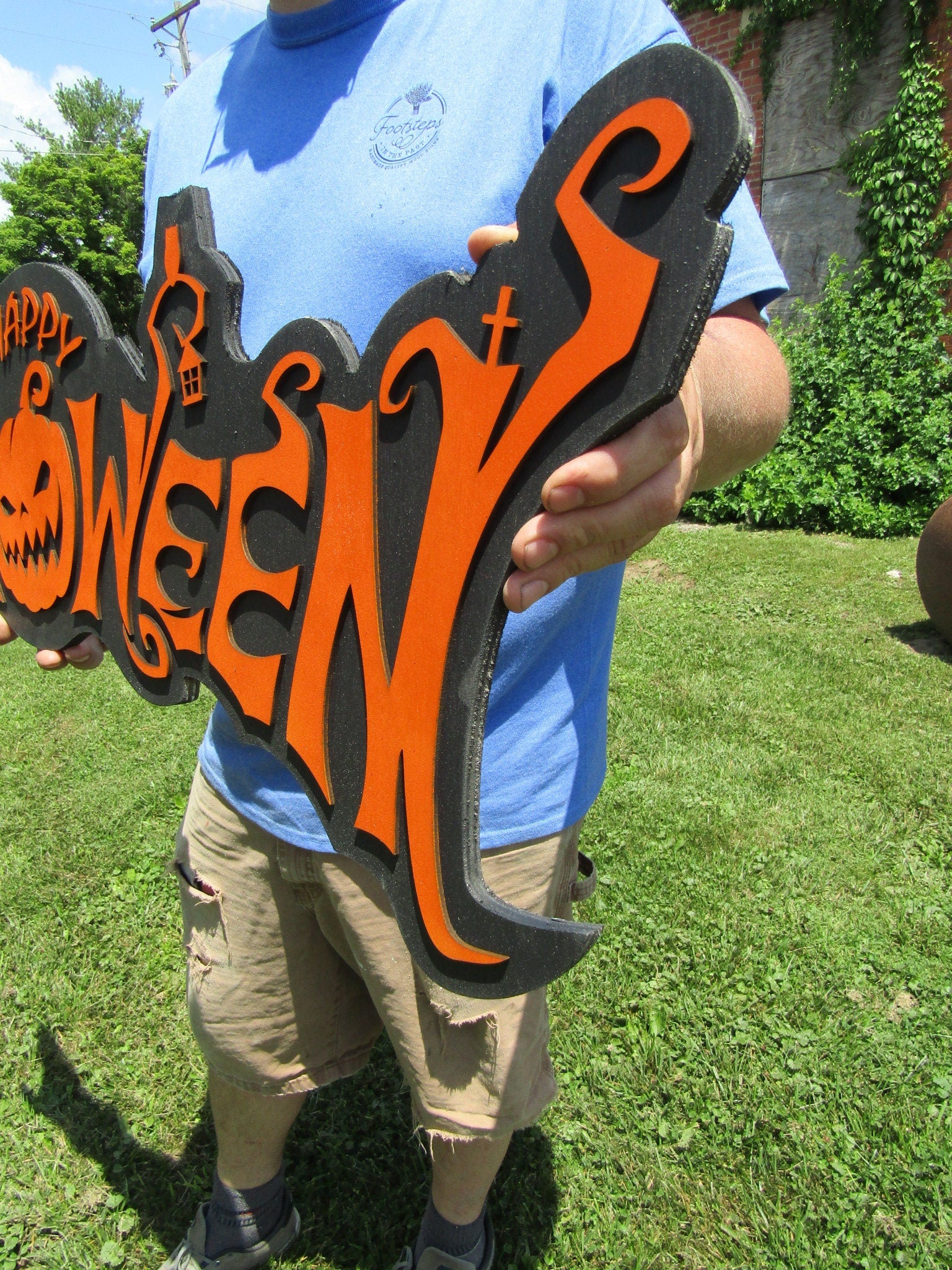 Halloween Jack O Lantern Spooky Forest Black Cat Prop Wooden Decor Fall Autumn Decoration Sign Orange And Black Haunted Grave Yard Theme