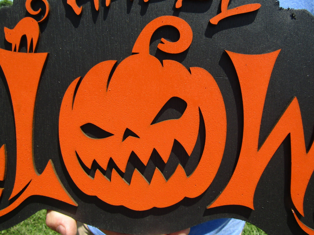 Halloween Jack O Lantern Spooky Forest Black Cat Prop Wooden Decor Fall Autumn Decoration Sign Orange And Black Haunted Grave Yard Theme