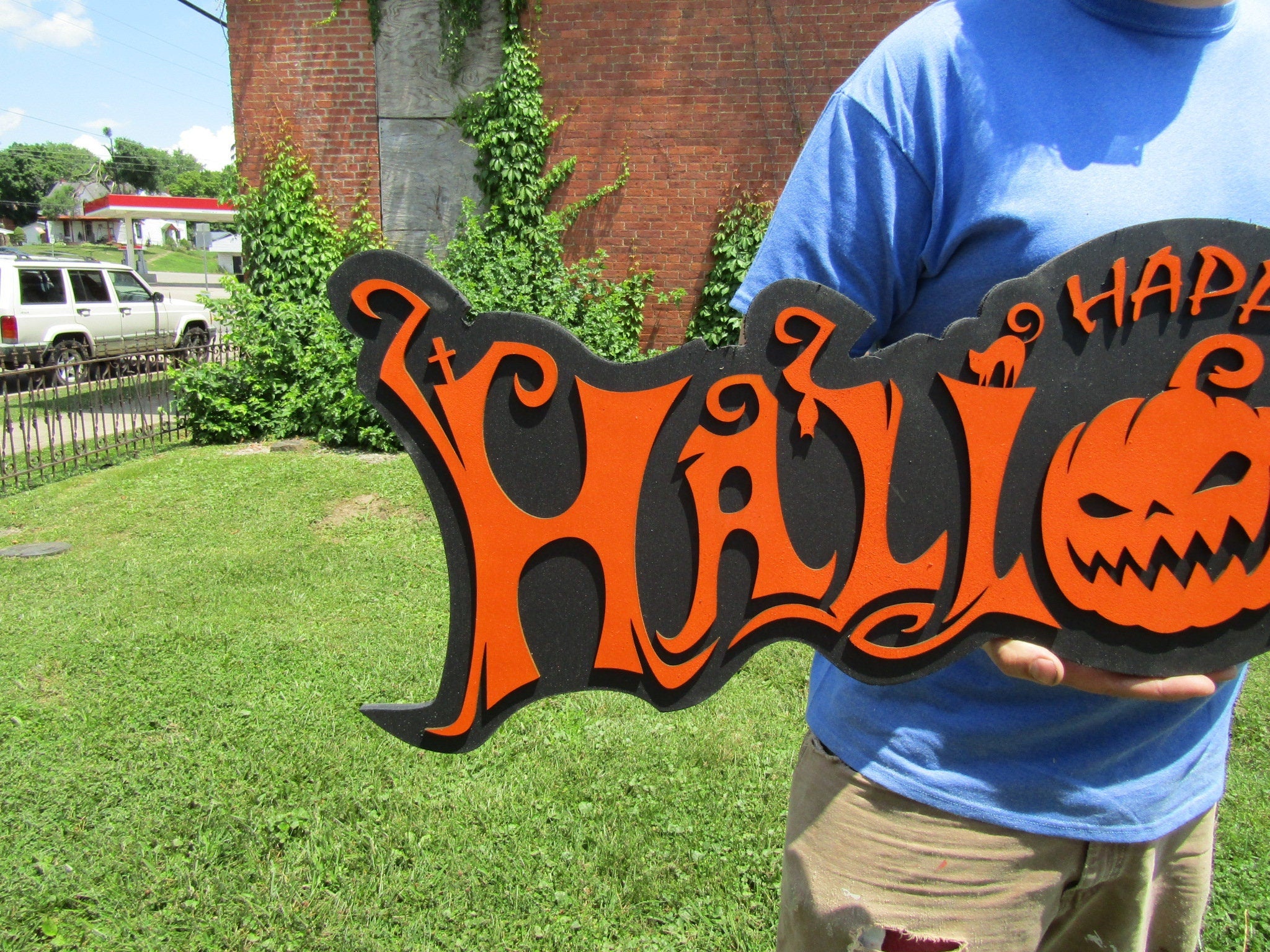 Halloween Jack O Lantern Spooky Forest Black Cat Prop Wooden Decor Fall Autumn Decoration Sign Orange And Black Haunted Grave Yard Theme