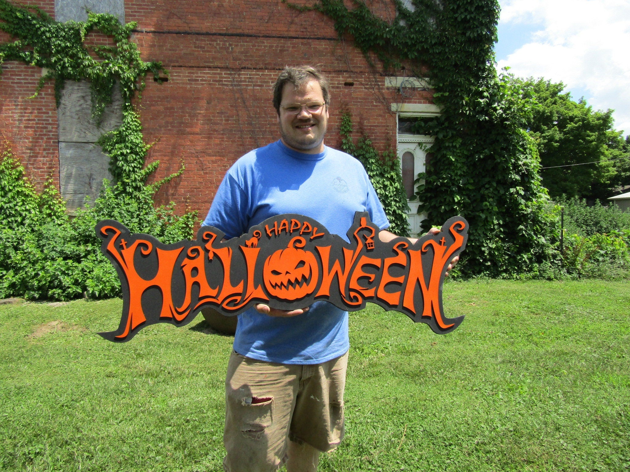 Halloween Jack O Lantern Spooky Forest Black Cat Prop Wooden Decor Fall Autumn Decoration Sign Orange And Black Haunted Grave Yard Theme