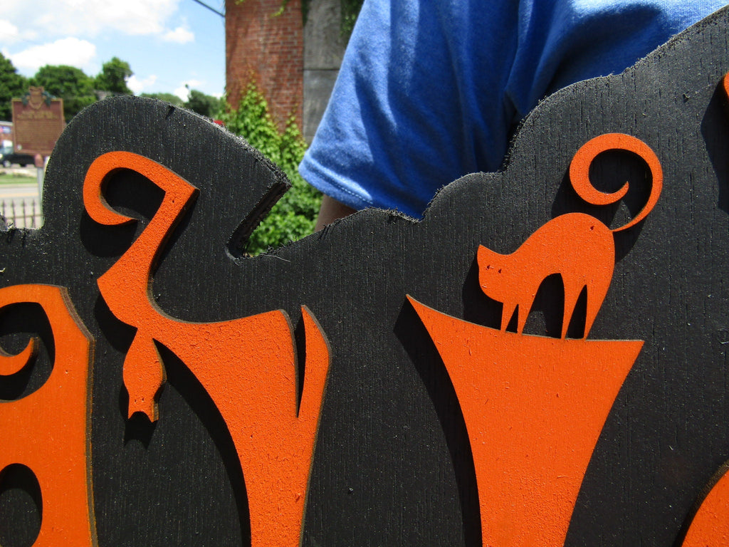Halloween Jack O Lantern Spooky Forest Black Cat Prop Wooden Decor Fall Autumn Decoration Sign Orange And Black Haunted Grave Yard Theme
