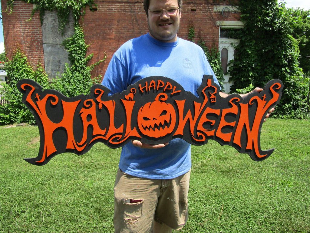 Halloween Jack O Lantern Spooky Forest Black Cat Prop Wooden Decor Fall Autumn Decoration Sign Orange And Black Haunted Grave Yard Theme
