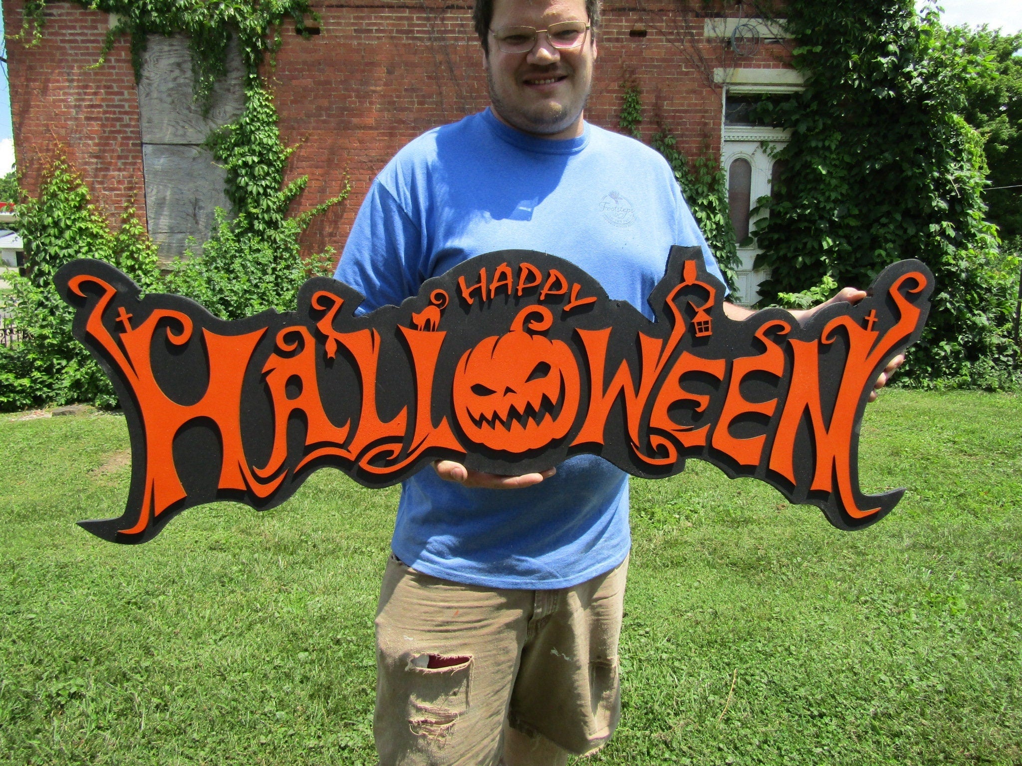 Halloween Jack O Lantern Spooky Forest Black Cat Prop Wooden Decor Fall Autumn Decoration Sign Orange And Black Haunted Grave Yard Theme
