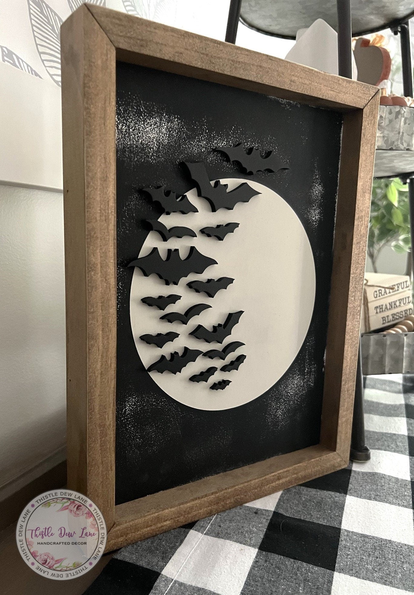 Bat Halloween sign, Swarming bats, Modern Halloween decor, 3D black and white Halloween sign, Spooky party decor,  Halloween fireplace decor