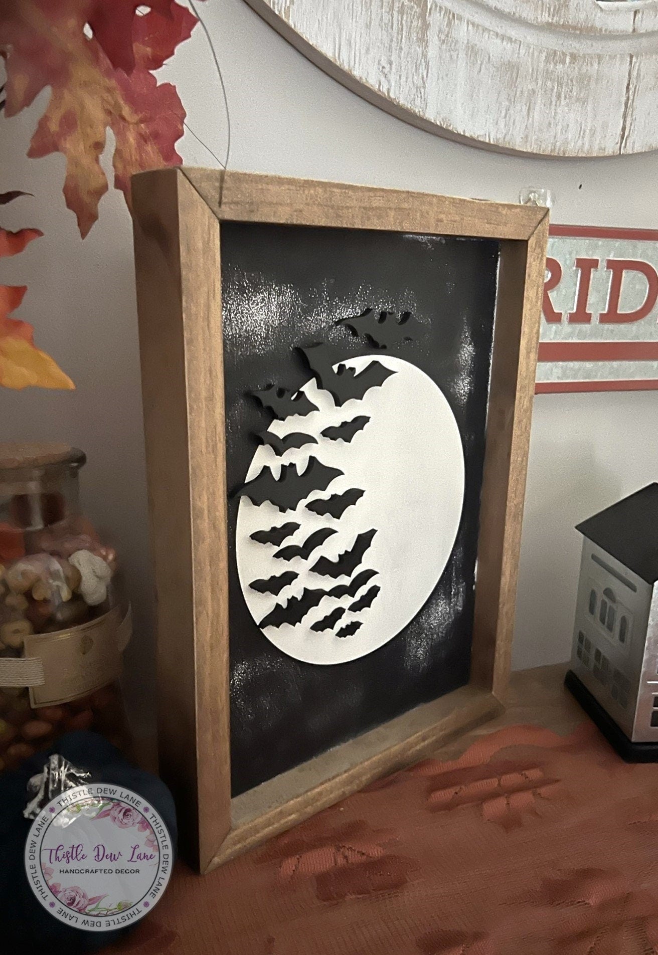 Bat Halloween sign, Swarming bats, Modern Halloween decor, 3D black and white Halloween sign, Spooky party decor,  Halloween fireplace decor