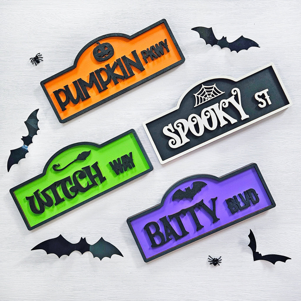 Halloween Street Sign Wood Home Decor | Halloween Table Decor | Tiered Tray Sign | Spooky Shelf Sitter