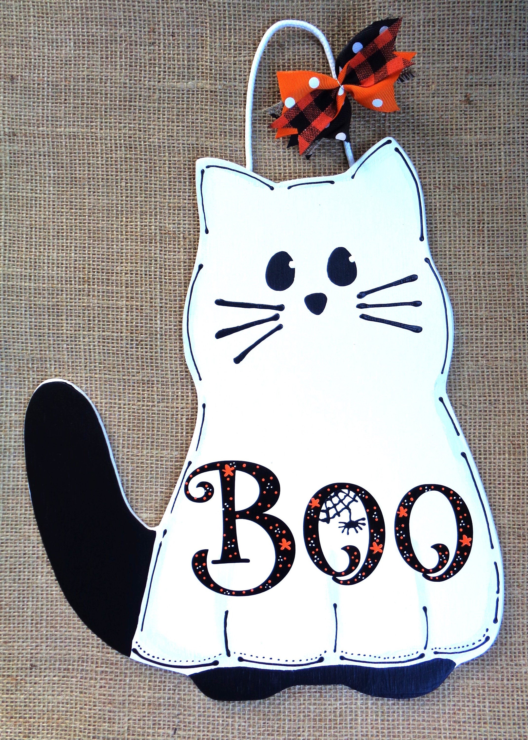 BOO BLACK CAT Ghost Halloween Sign Plaque Wall Decor Room Door Hanger Autumn Fall Wood Wooden Door Hanger
