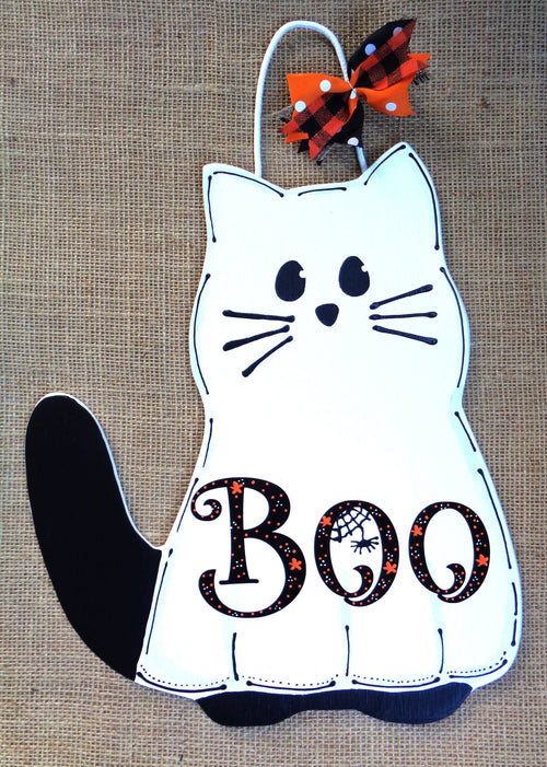 BOO BLACK CAT Ghost Halloween Sign Plaque Wall Decor Room Door Hanger Autumn Fall Wood Wooden Door Hanger