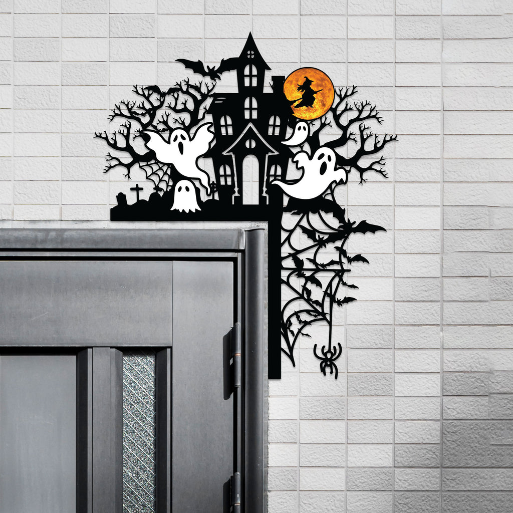 Halloween Door Corner Metal Sign, Haunted Mansion with Ghost Door Topper, Halloween Silhouette, Door Topper, Halloween Decor, Halloween Gift