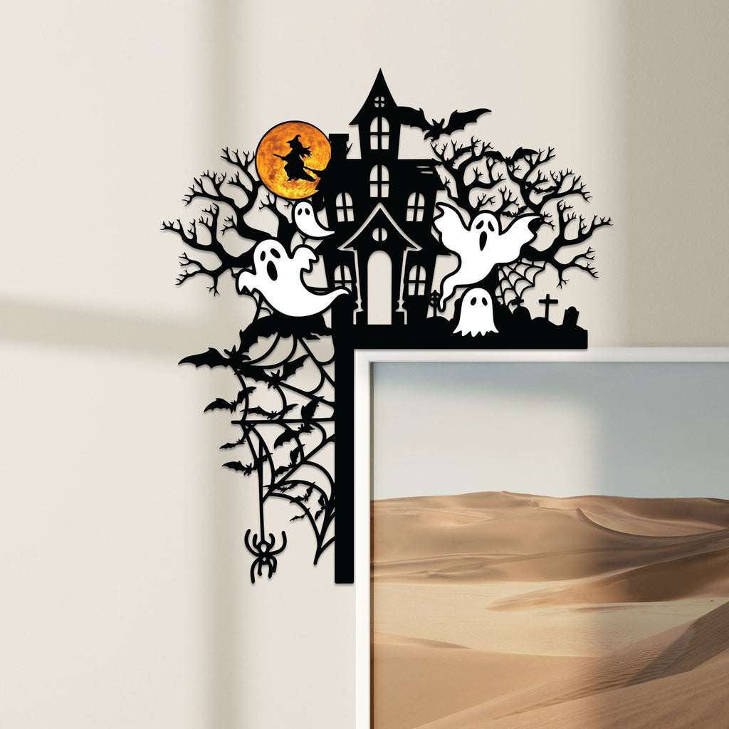 Halloween Door Corner Metal Sign, Haunted Mansion with Ghost Door Topper, Halloween Silhouette, Door Topper, Halloween Decor, Halloween Gift