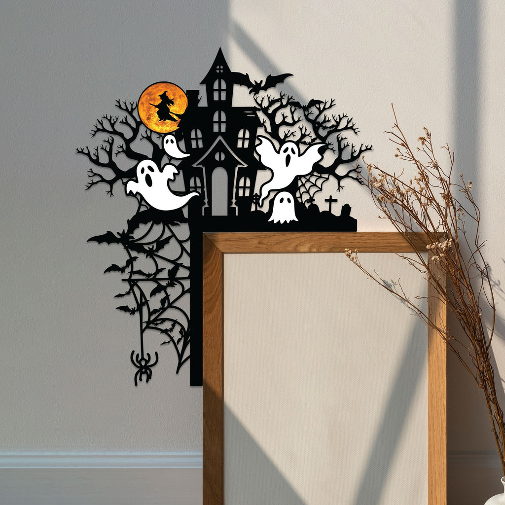 Halloween Door Corner Metal Sign, Haunted Mansion with Ghost Door Topper, Halloween Silhouette, Door Topper, Halloween Decor, Halloween Gift