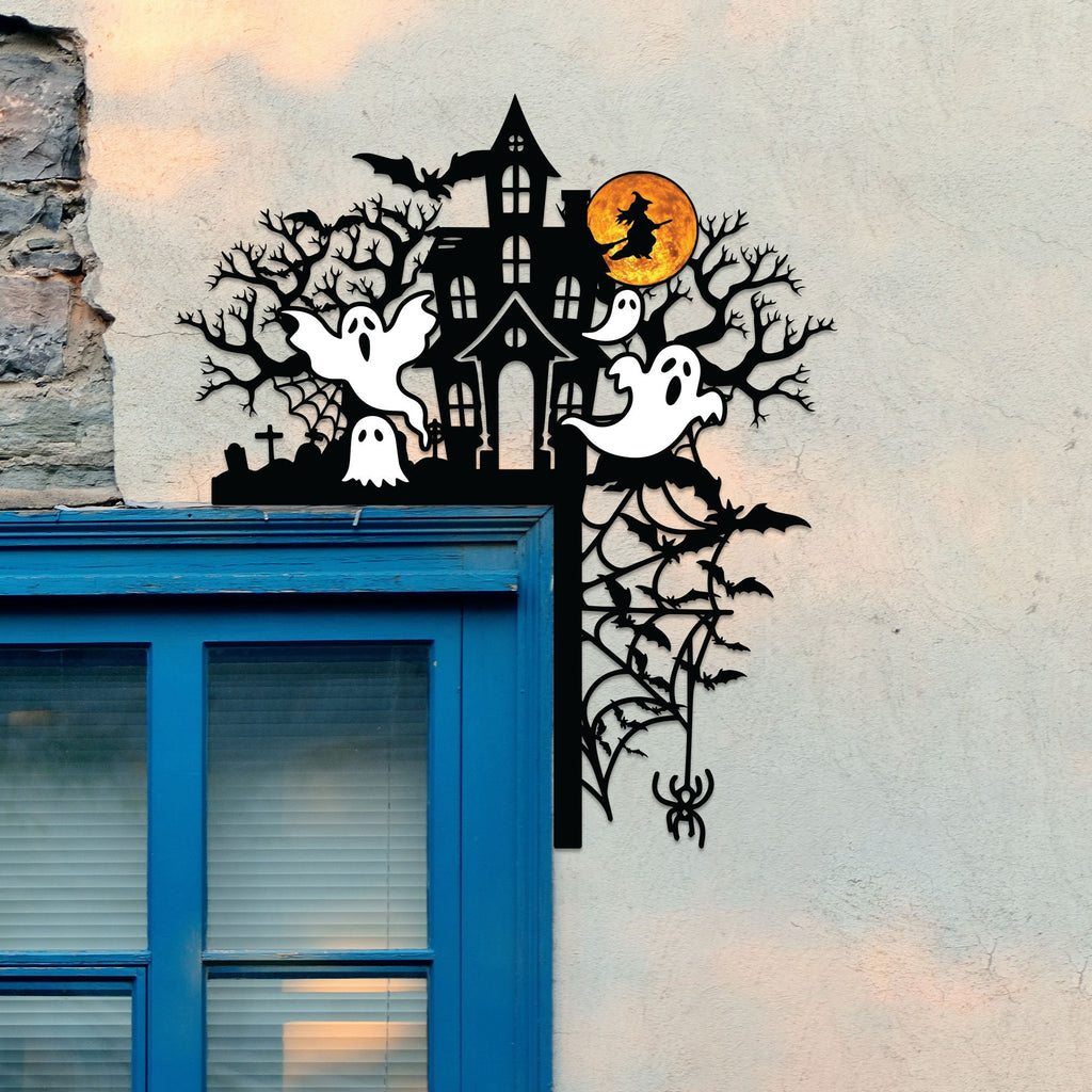 Halloween Door Corner Metal Sign, Haunted Mansion with Ghost Door Topper, Halloween Silhouette, Door Topper, Halloween Decor, Halloween Gift
