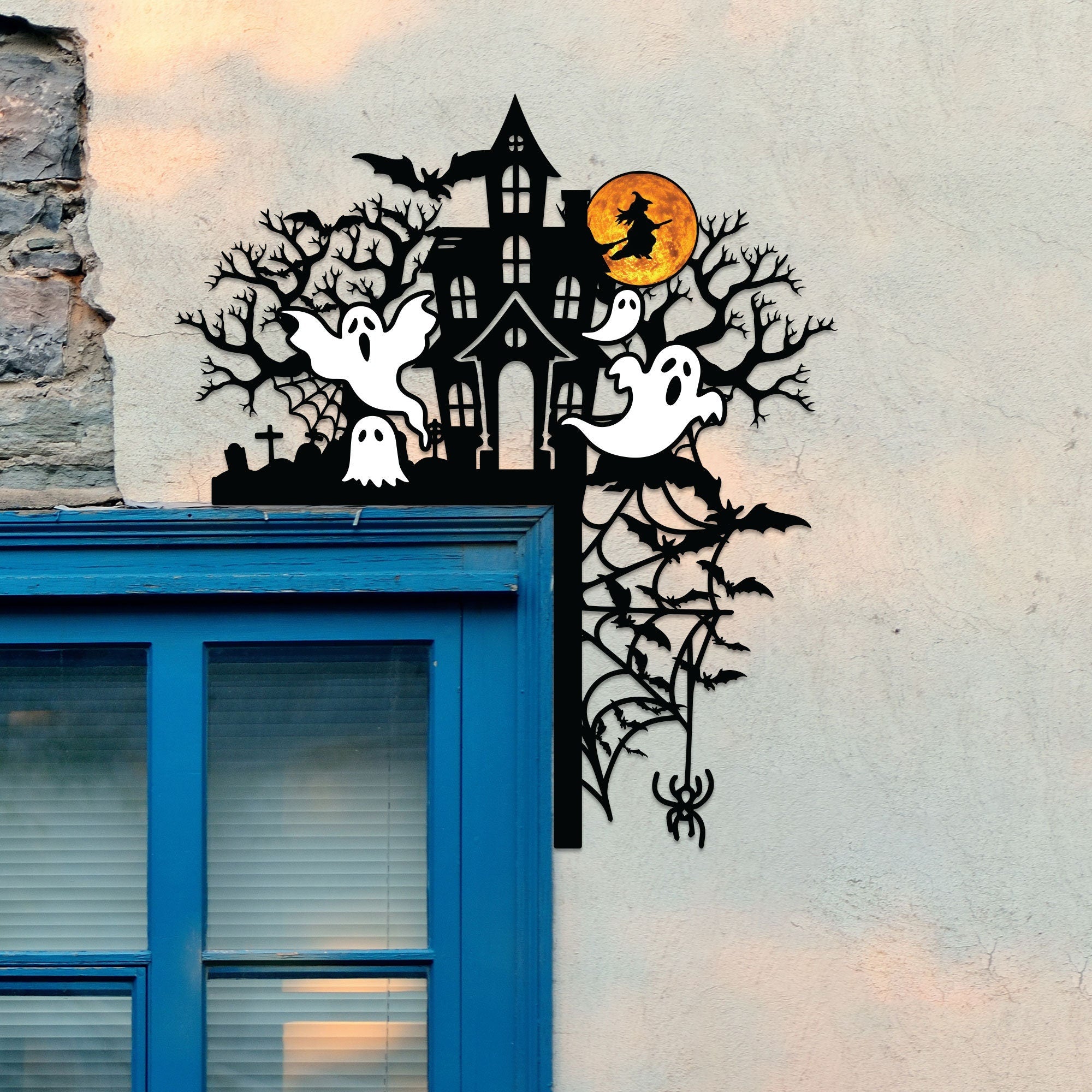 Halloween Door Corner Metal Sign, Haunted Mansion with Ghost Door Topper, Halloween Silhouette, Door Topper, Halloween Decor, Halloween Gift