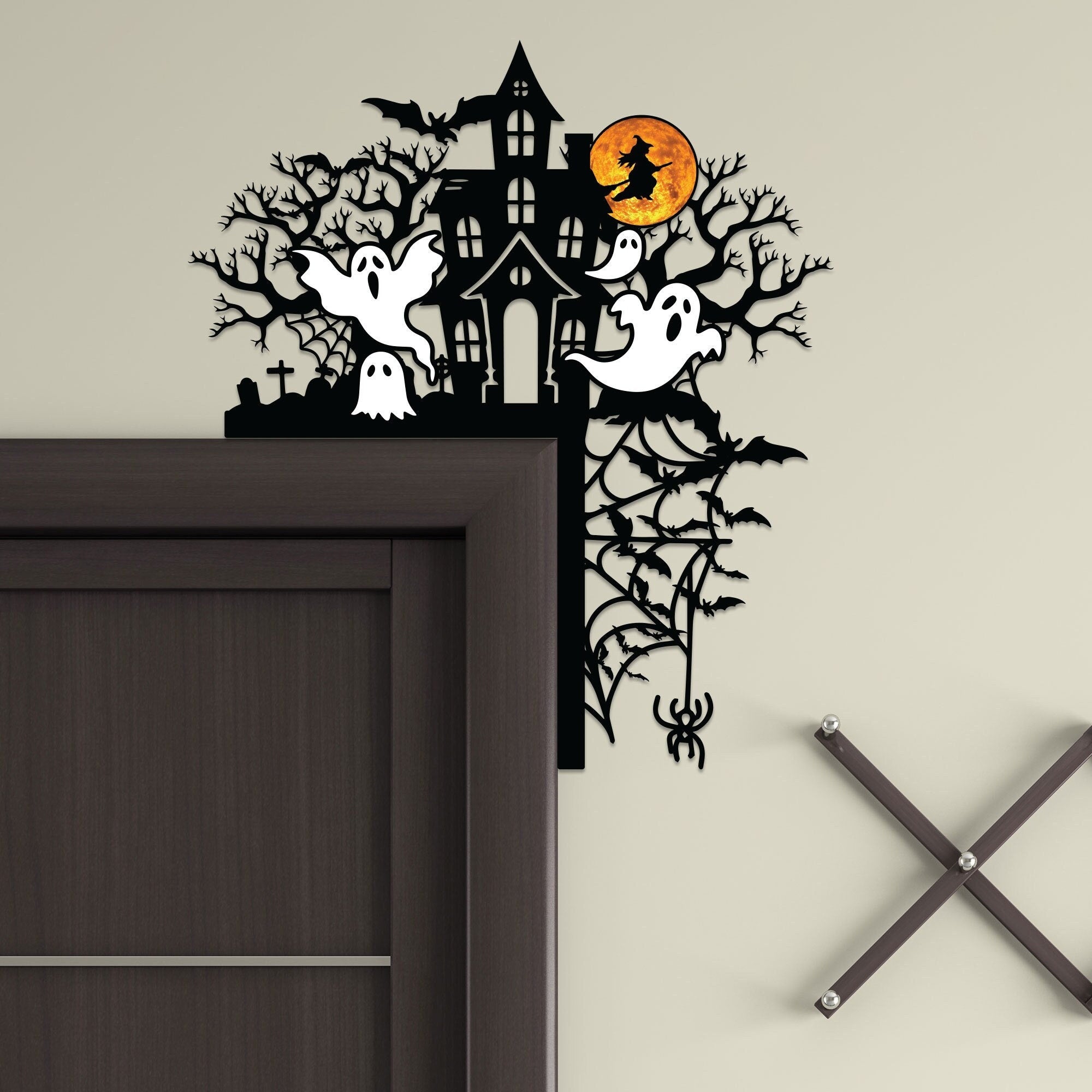 Halloween Door Corner Metal Sign, Haunted Mansion with Ghost Door Topper, Halloween Silhouette, Door Topper, Halloween Decor, Halloween Gift