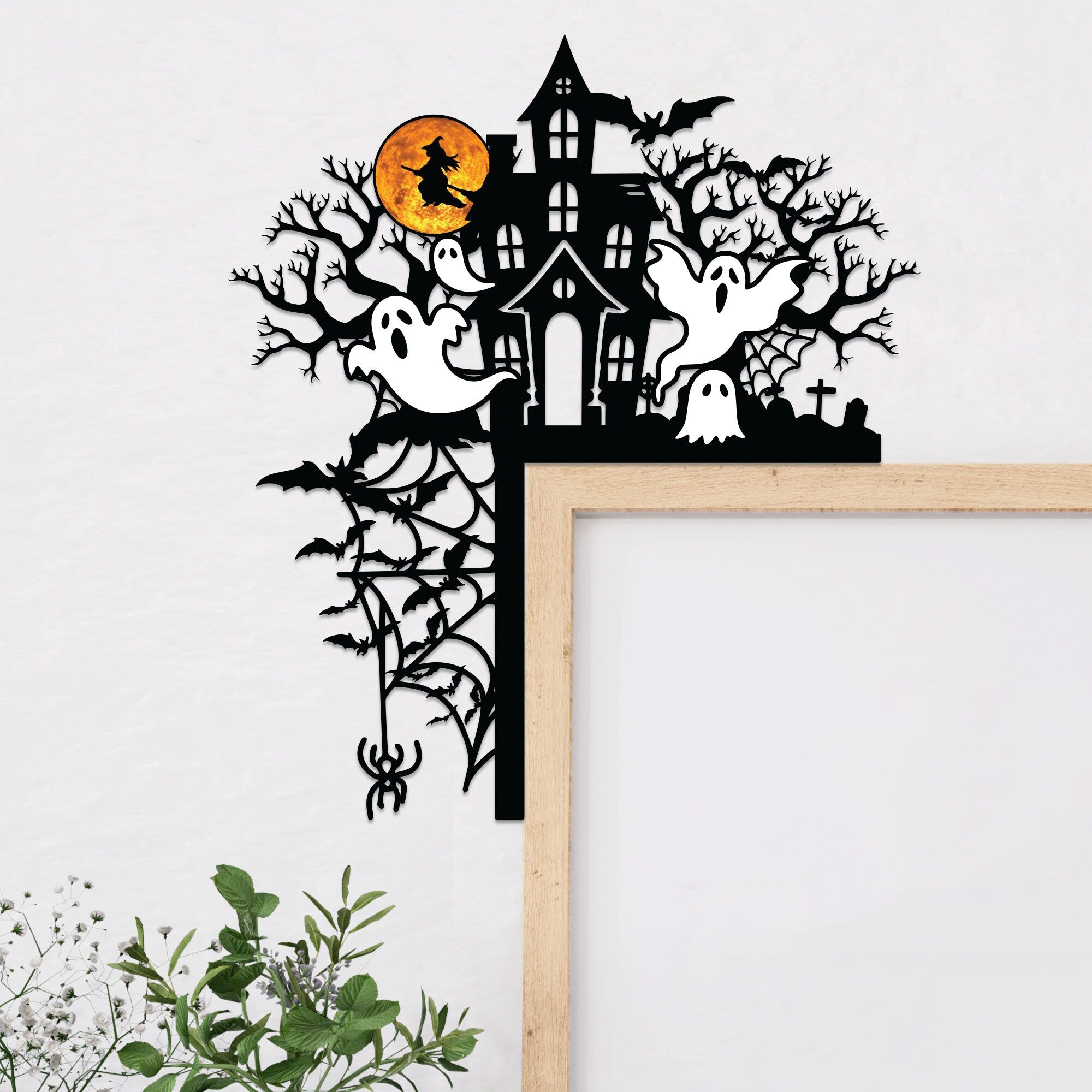 Halloween Door Corner Metal Sign, Haunted Mansion with Ghost Door Topper, Halloween Silhouette, Door Topper, Halloween Decor, Halloween Gift