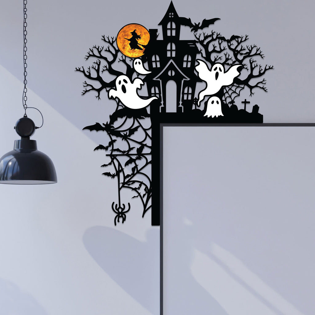 Halloween Door Corner Metal Sign, Haunted Mansion with Ghost Door Topper, Halloween Silhouette, Door Topper, Halloween Decor, Halloween Gift