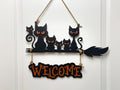 17 inch Custom Layered Halloween Black Cat Family On Broom Door Hanger, Wooden 3D Welcome Door Sign, Halloween Fall Cute Cat Decor Gift