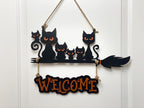 17 inch Custom Layered Halloween Black Cat Family On Broom Door Hanger, Wooden 3D Welcome Door Sign, Halloween Fall Cute Cat Decor Gift
