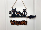 17 inch Custom Layered Halloween Black Cat Family On Broom Door Hanger, Wooden 3D Welcome Door Sign, Halloween Fall Cute Cat Decor Gift