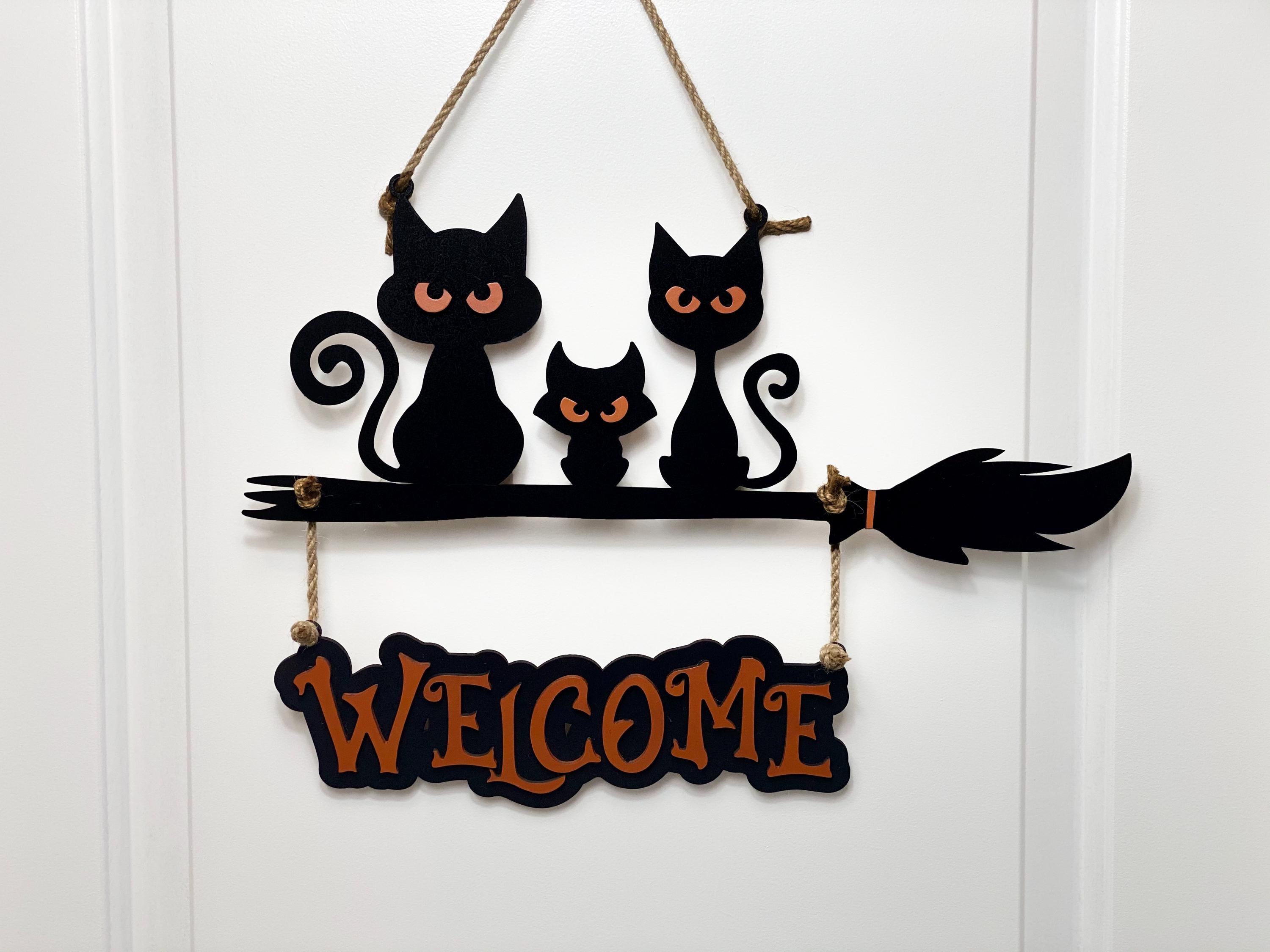 17 inch Custom Layered Halloween Black Cat Family On Broom Door Hanger, Wooden 3D Welcome Door Sign, Halloween Fall Cute Cat Decor Gift