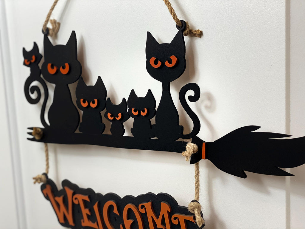 17 inch Custom Layered Halloween Black Cat Family On Broom Door Hanger, Wooden 3D Welcome Door Sign, Halloween Fall Cute Cat Decor Gift