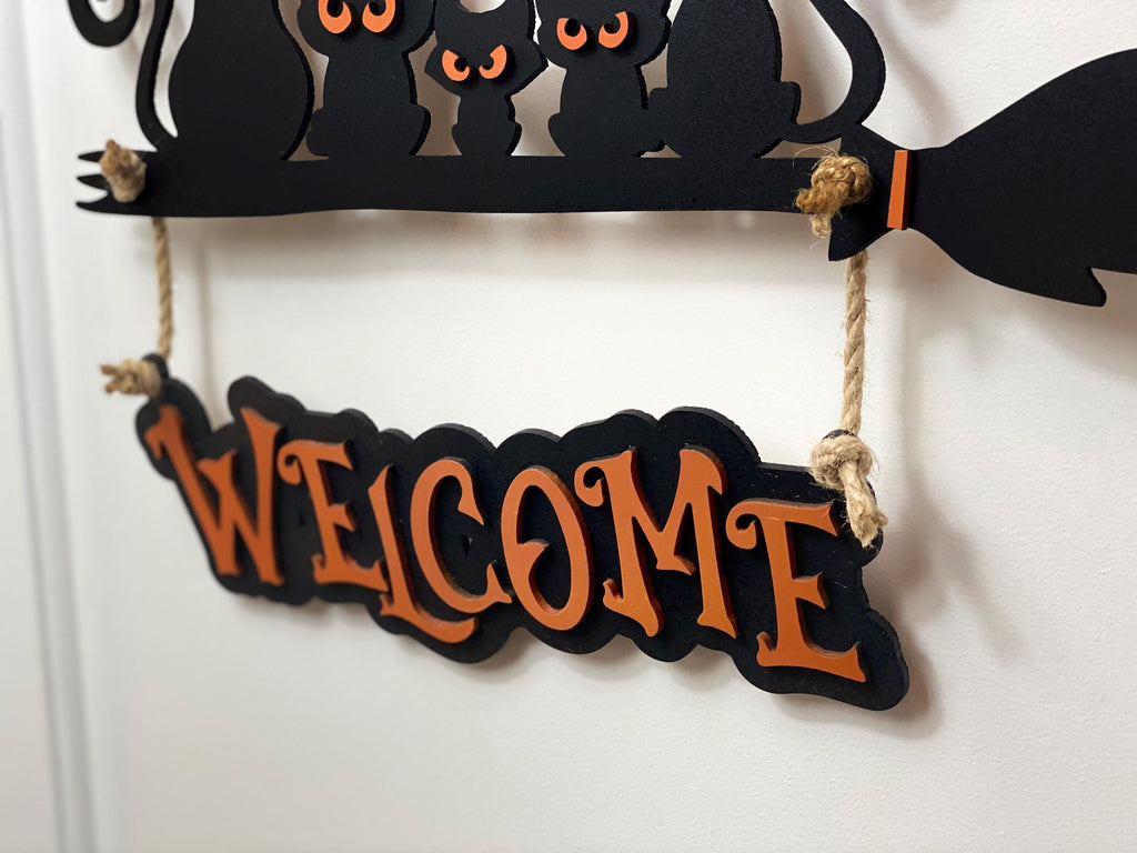 17 inch Custom Layered Halloween Black Cat Family On Broom Door Hanger, Wooden 3D Welcome Door Sign, Halloween Fall Cute Cat Decor Gift
