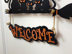 17 inch Custom Layered Halloween Black Cat Family On Broom Door Hanger, Wooden 3D Welcome Door Sign, Halloween Fall Cute Cat Decor Gift