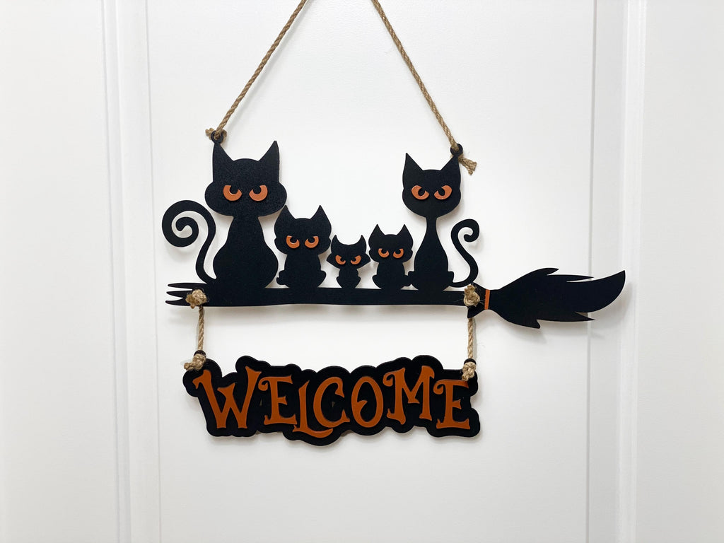 17 inch Custom Layered Halloween Black Cat Family On Broom Door Hanger, Wooden 3D Welcome Door Sign, Halloween Fall Cute Cat Decor Gift