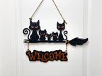 17 inch Custom Layered Halloween Black Cat Family On Broom Door Hanger, Wooden 3D Welcome Door Sign, Halloween Fall Cute Cat Decor Gift