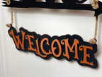 17 inch Custom Layered Halloween Black Cat Family On Broom Door Hanger, Wooden 3D Welcome Door Sign, Halloween Fall Cute Cat Decor Gift
