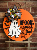 Spook Around And Find Out Halloween Door Hanger, Ghost Front Door Decor, Halloween Wreath, Porch Decor, Funny Ghost Sign, Wooden Fall Sign