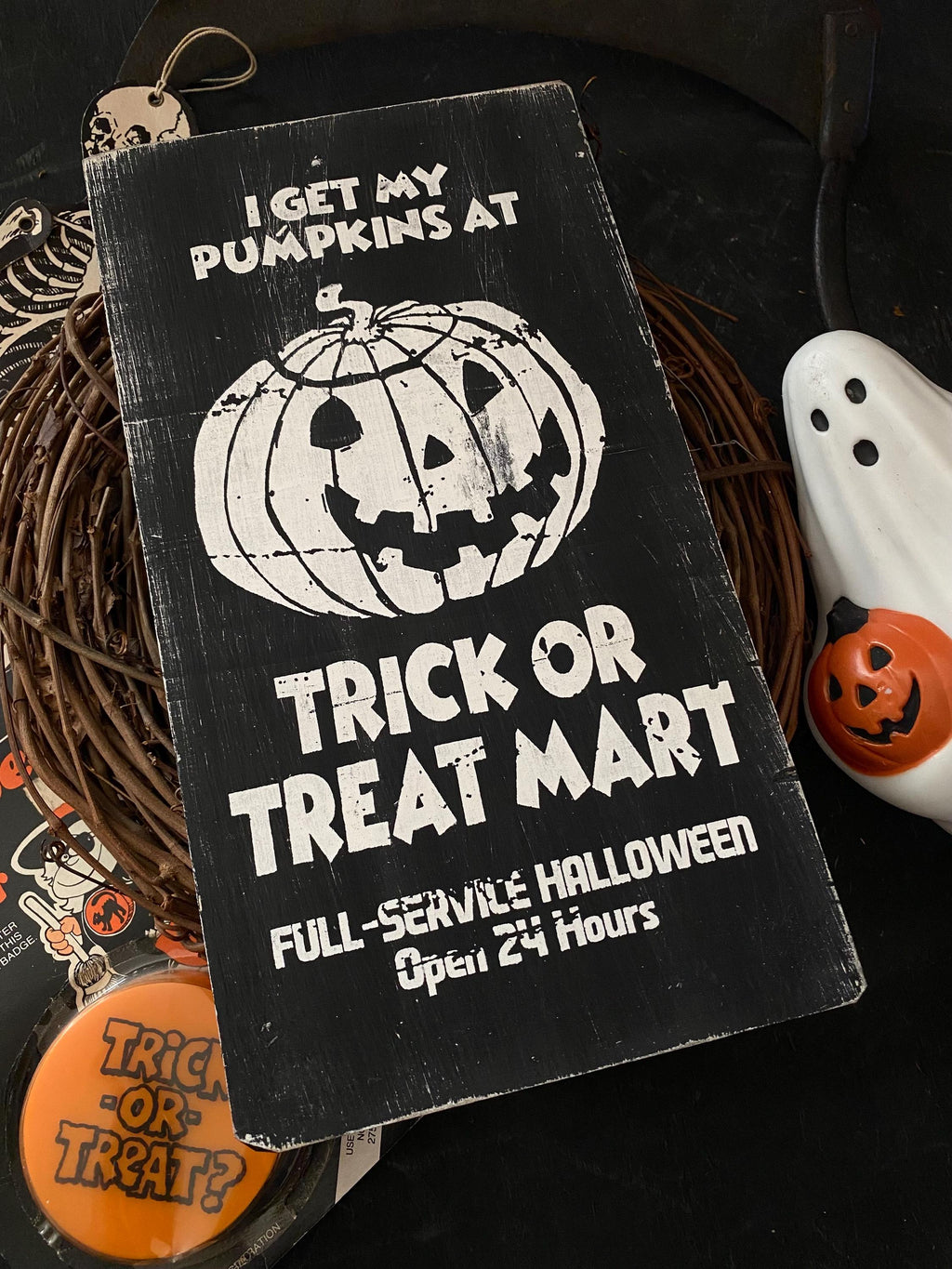 Trick or Treat Mart Solid Wood Sign, Rustic Halloween Decor
