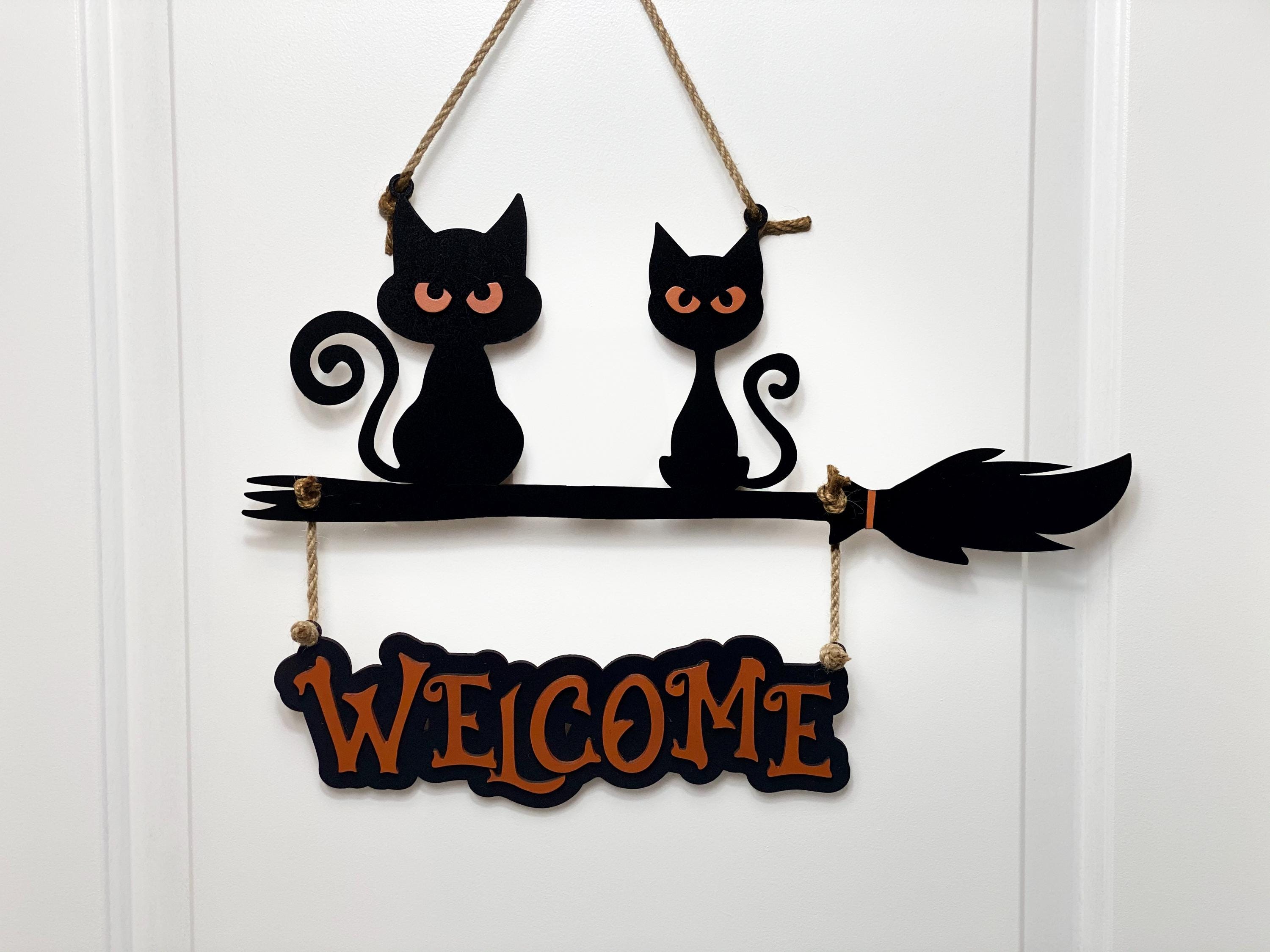 17 inch Custom Layered Halloween Black Cat Family On Broom Door Hanger, Wooden 3D Welcome Door Sign, Halloween Fall Cute Cat Decor Gift