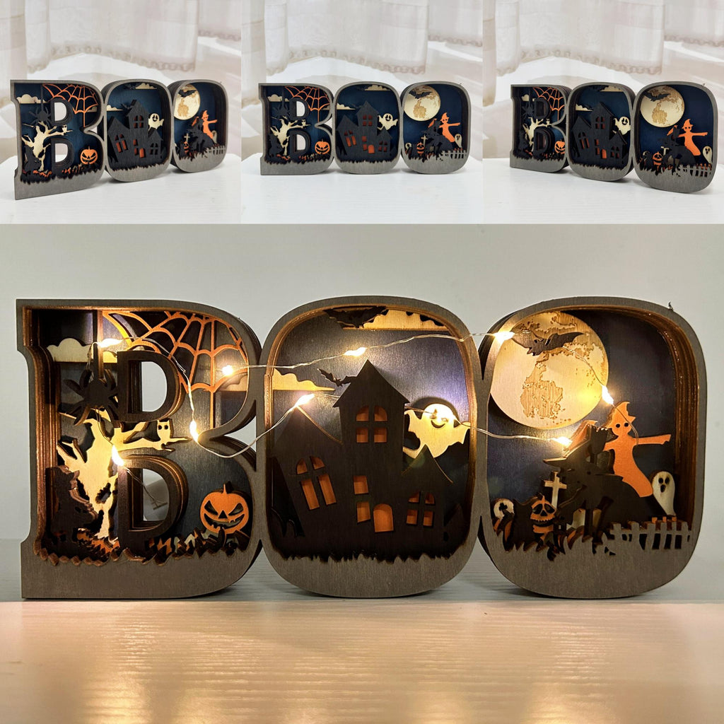 3D Carved Wooden BOO Letter Ornaments,Wooden BOO Sign Lamp,Home Table Decor,Wall Decoration Art,Halloween Decor,Halloween Gift,Spooky Season